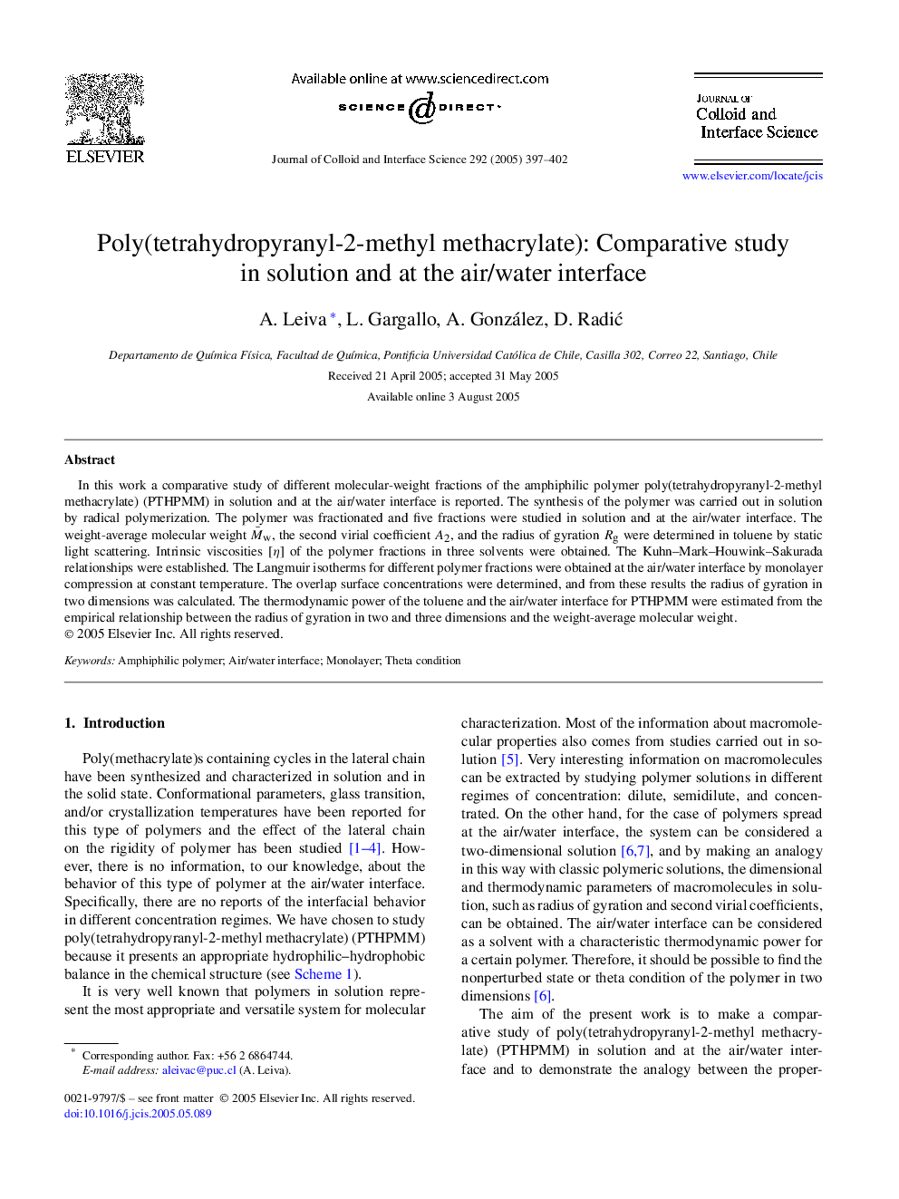 Poly(tetrahydropyranyl-2-methyl methacrylate): Comparative study in solution and at the air/water interface