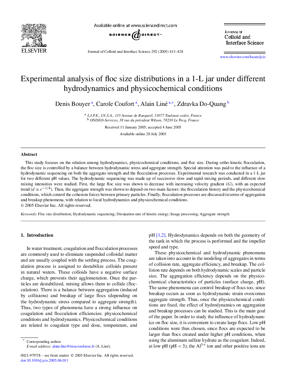 Experimental analysis of floc size distributions in a 1-L jar under different hydrodynamics and physicochemical conditions