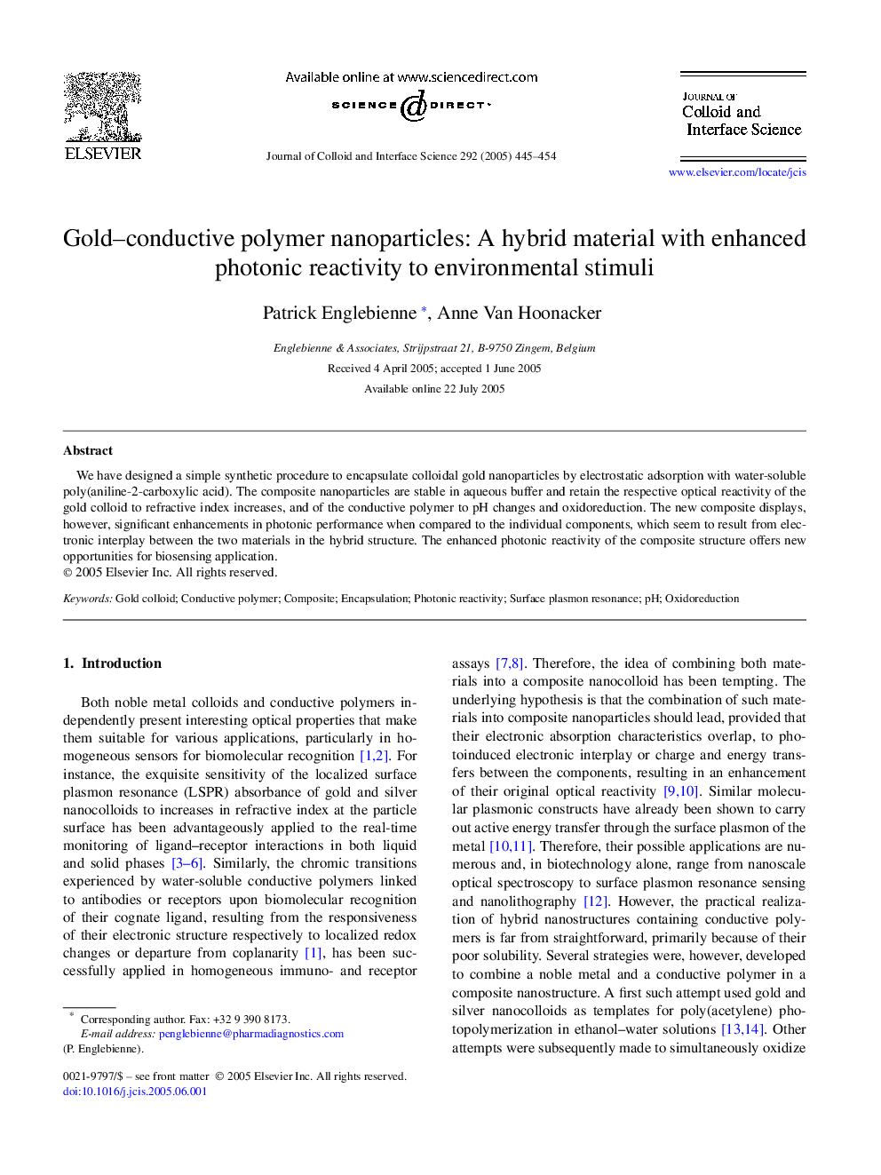 Gold-conductive polymer nanoparticles: A hybrid material with enhanced photonic reactivity to environmental stimuli