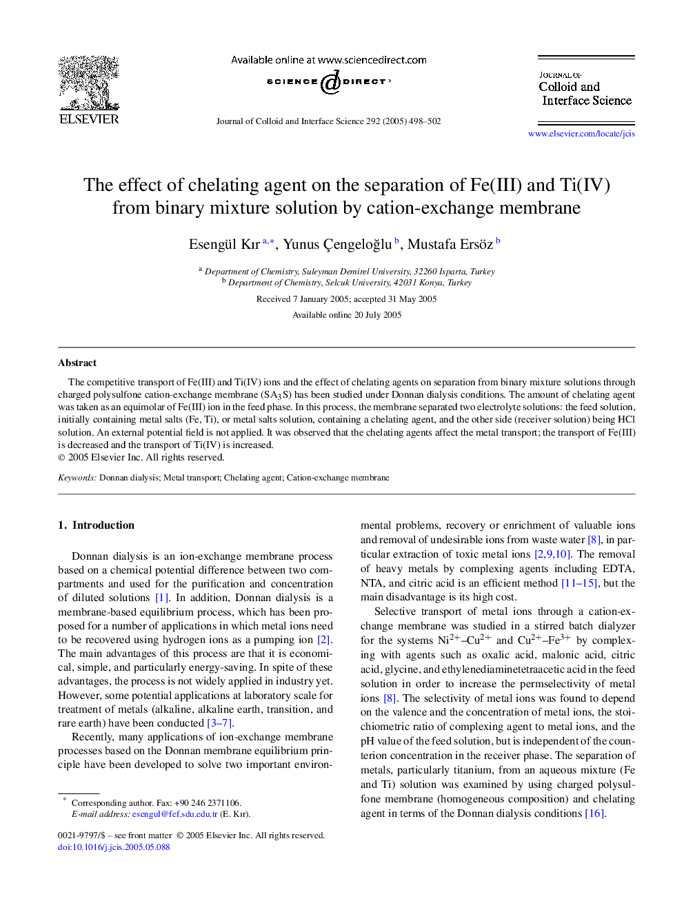 The effect of chelating agent on the separation of Fe(III) and Ti(IV) from binary mixture solution by cation-exchange membrane