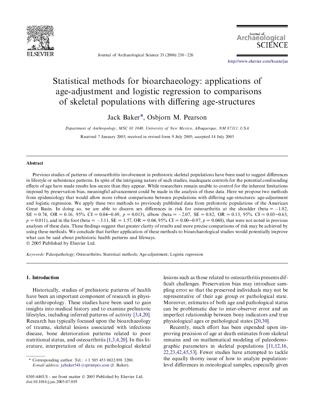 Statistical methods for bioarchaeology: applications of age-adjustment and logistic regression to comparisons of skeletal populations with differing age-structures