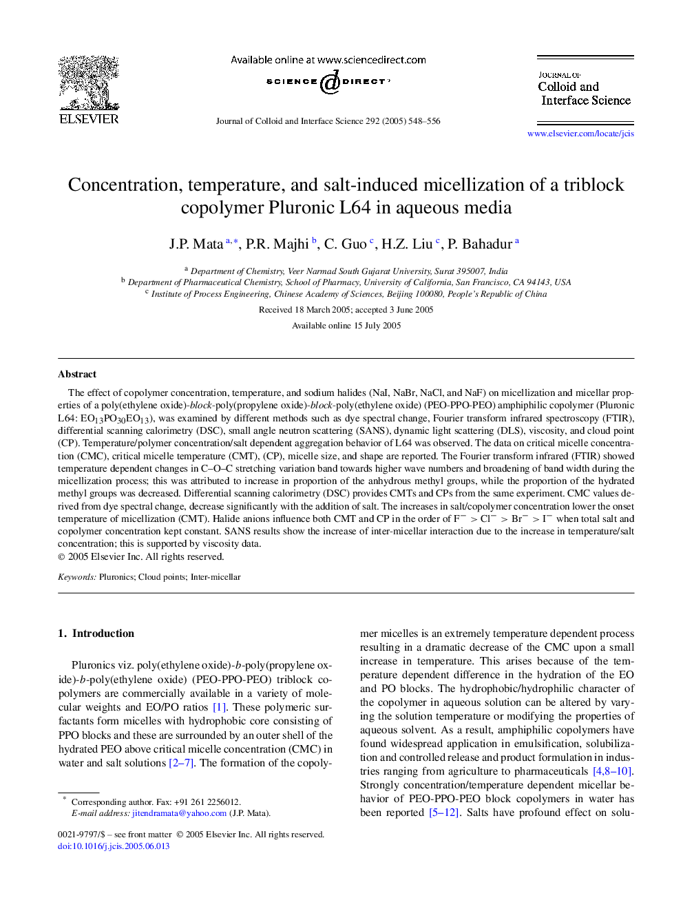 Concentration, temperature, and salt-induced micellization of a triblock copolymer Pluronic L64 in aqueous media