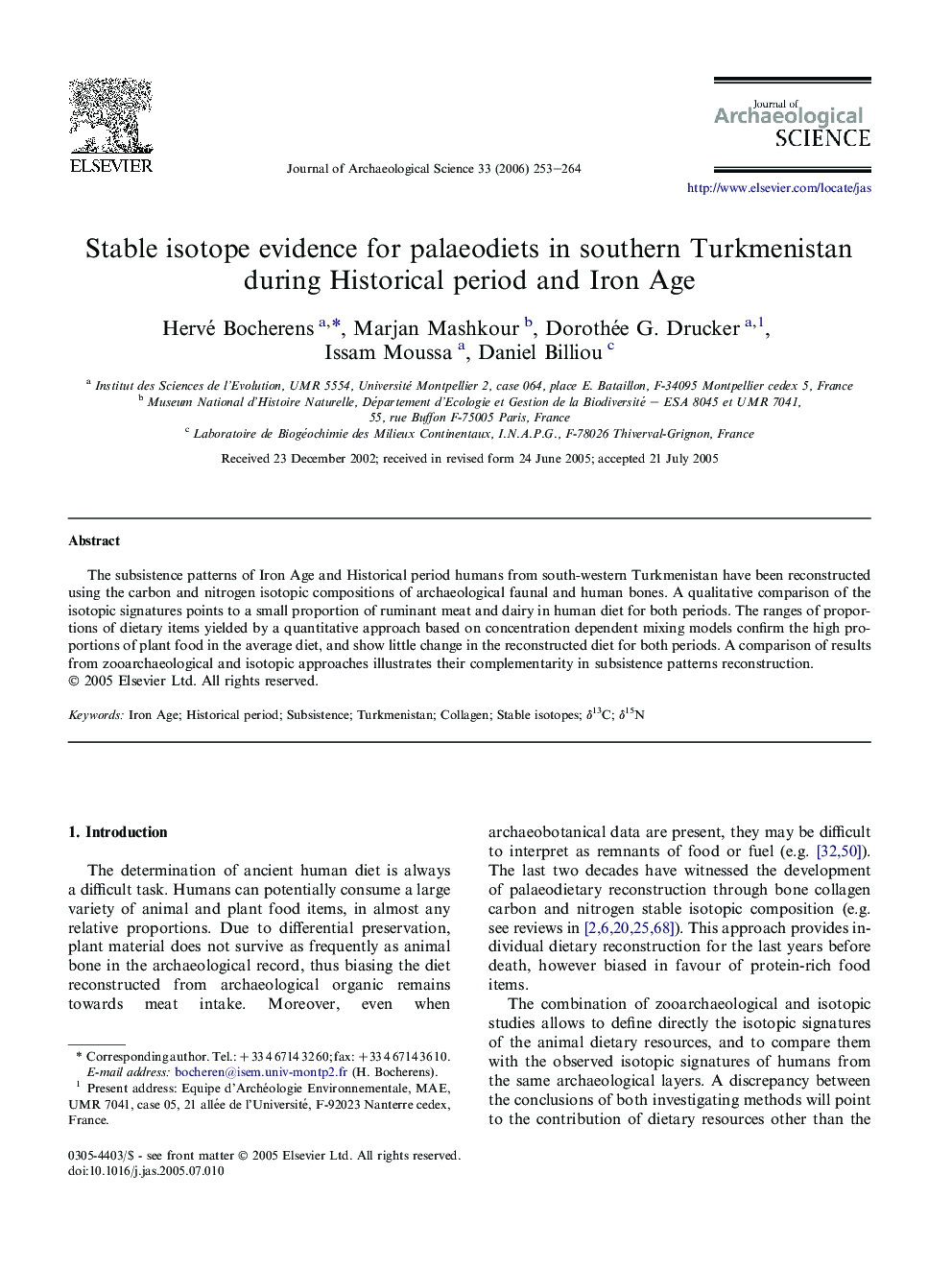 Stable isotope evidence for palaeodiets in southern Turkmenistan during Historical period and Iron Age