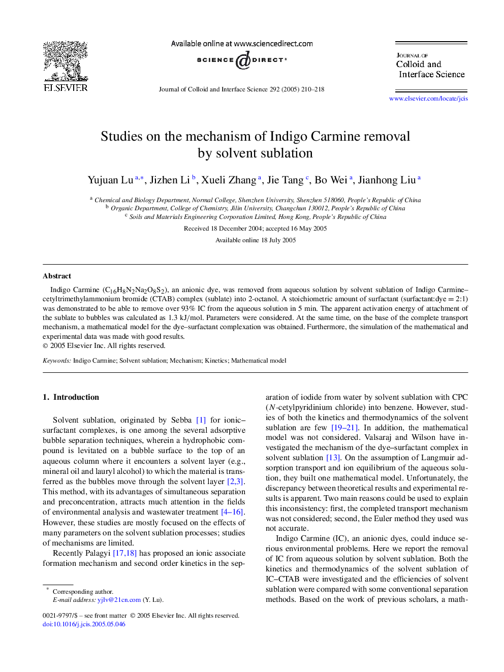 Studies on the mechanism of Indigo Carmine removal by solvent sublation