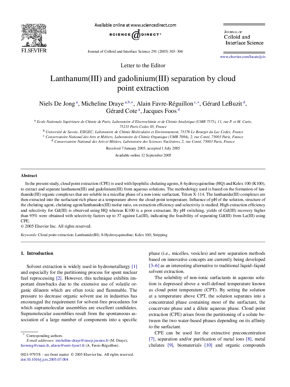 Lanthanum(III) and gadolinium(III) separation by cloud point extraction