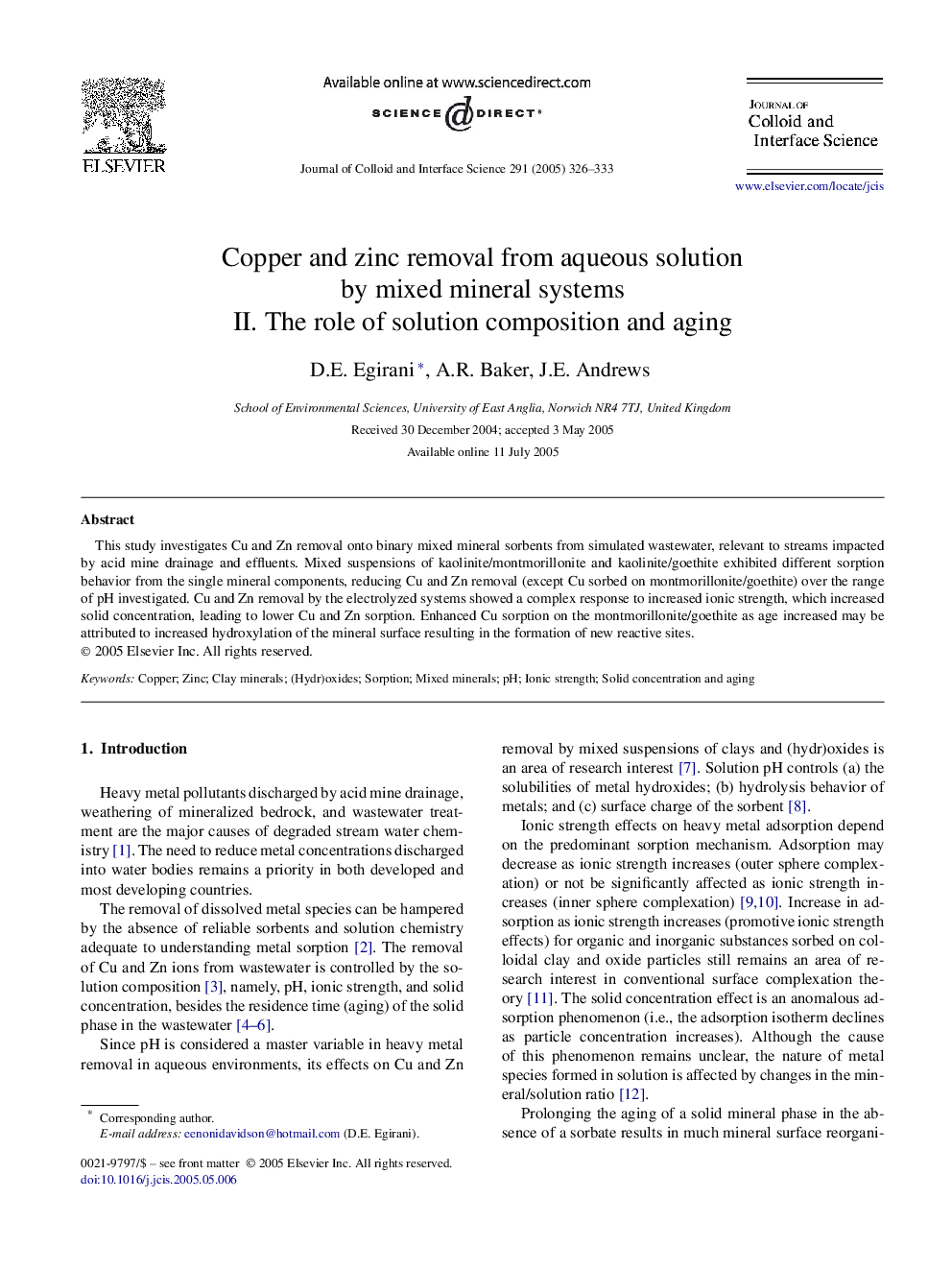 Copper and zinc removal from aqueous solution by mixed mineral systems