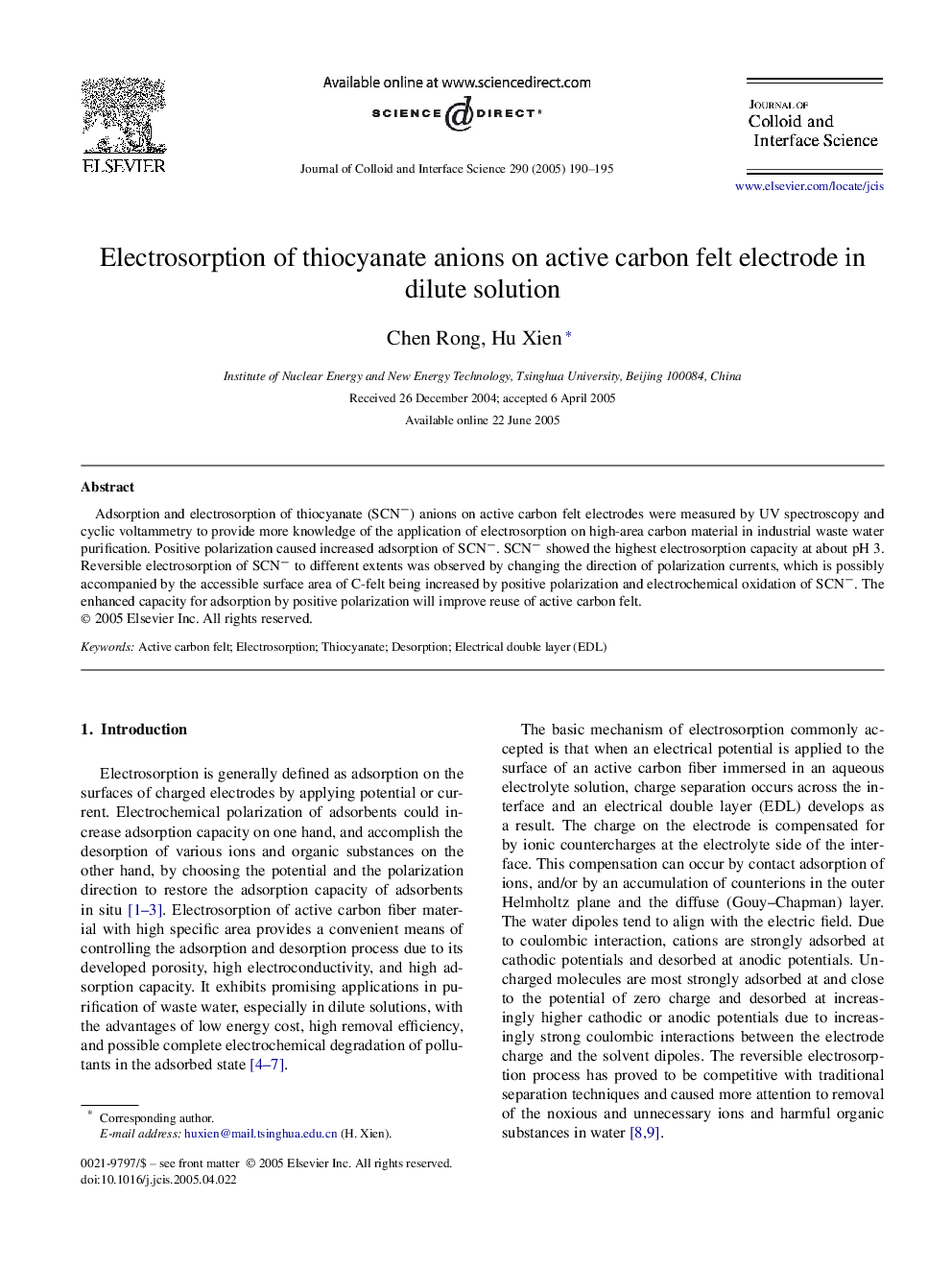 Electrosorption of thiocyanate anions on active carbon felt electrode in dilute solution