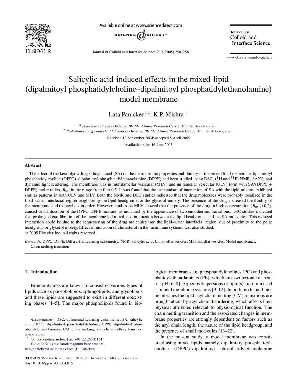 Salicylic acid-induced effects in the mixed-lipid (dipalmitoyl phosphatidylcholine-dipalmitoyl phosphatidylethanolamine) model membrane