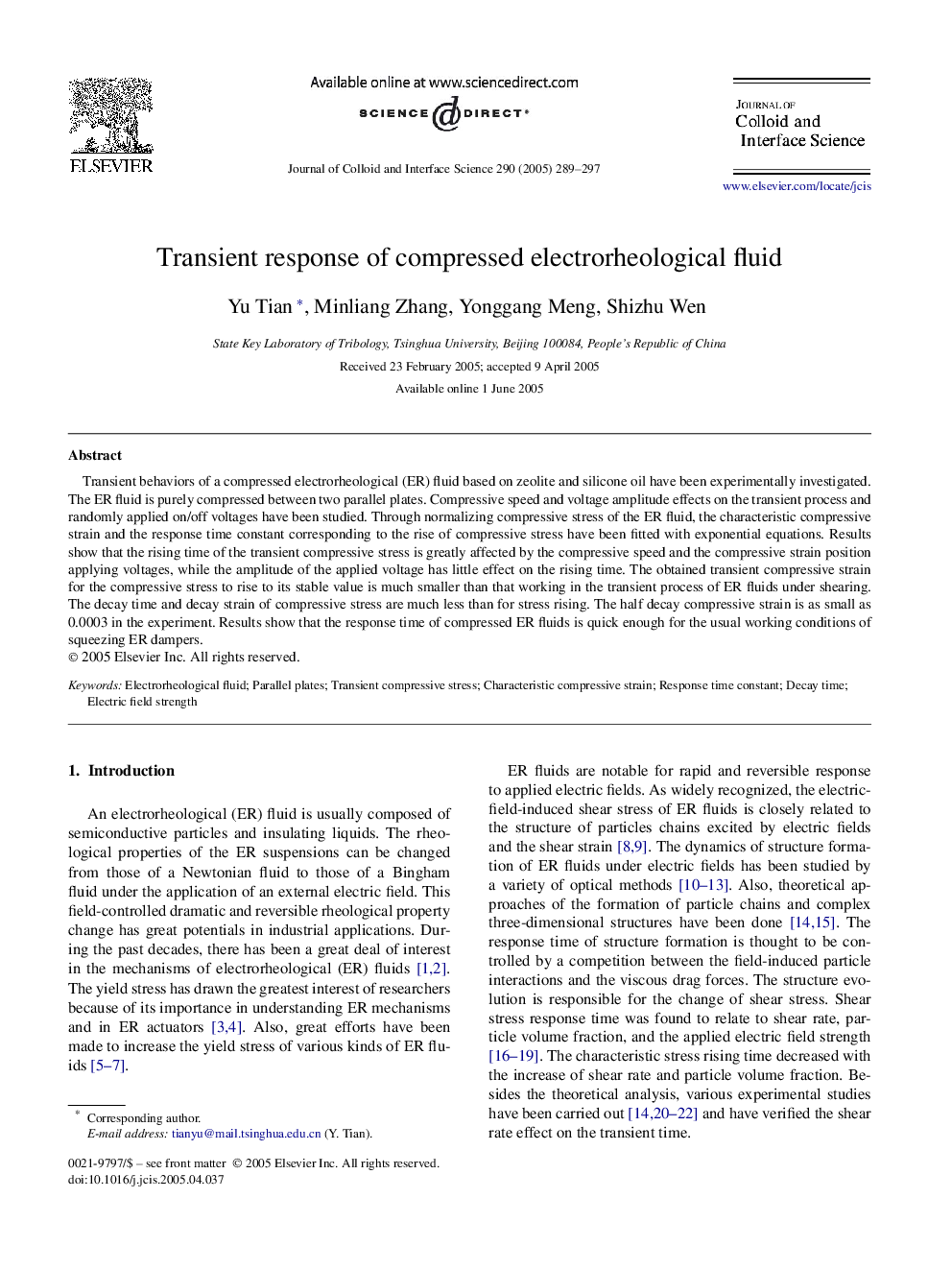 Transient response of compressed electrorheological fluid