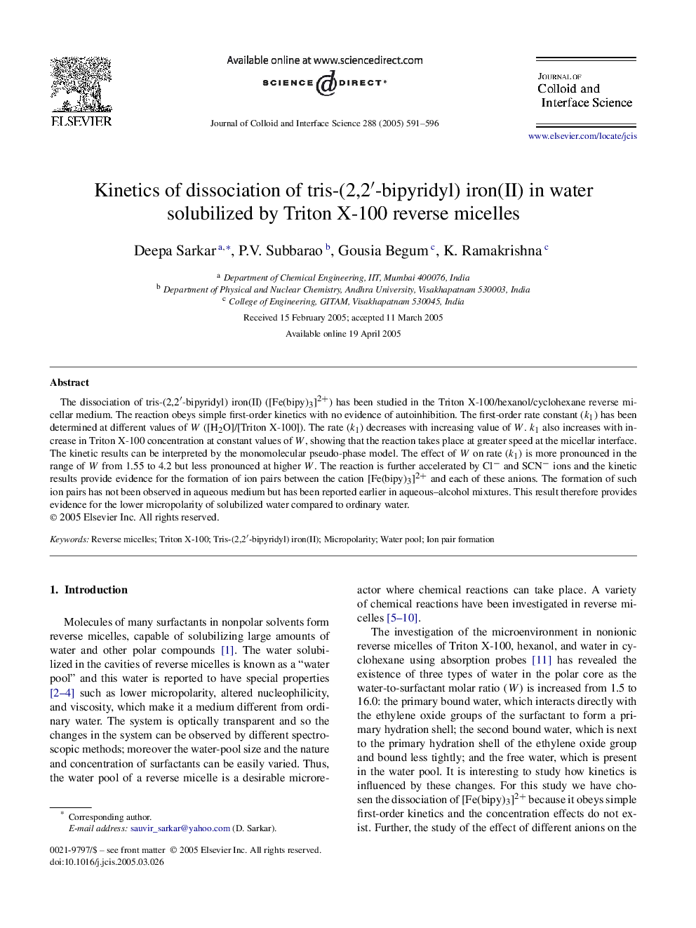Kinetics of dissociation of tris-(2,2â²-bipyridyl) iron(II) in water solubilized by Triton X-100 reverse micelles