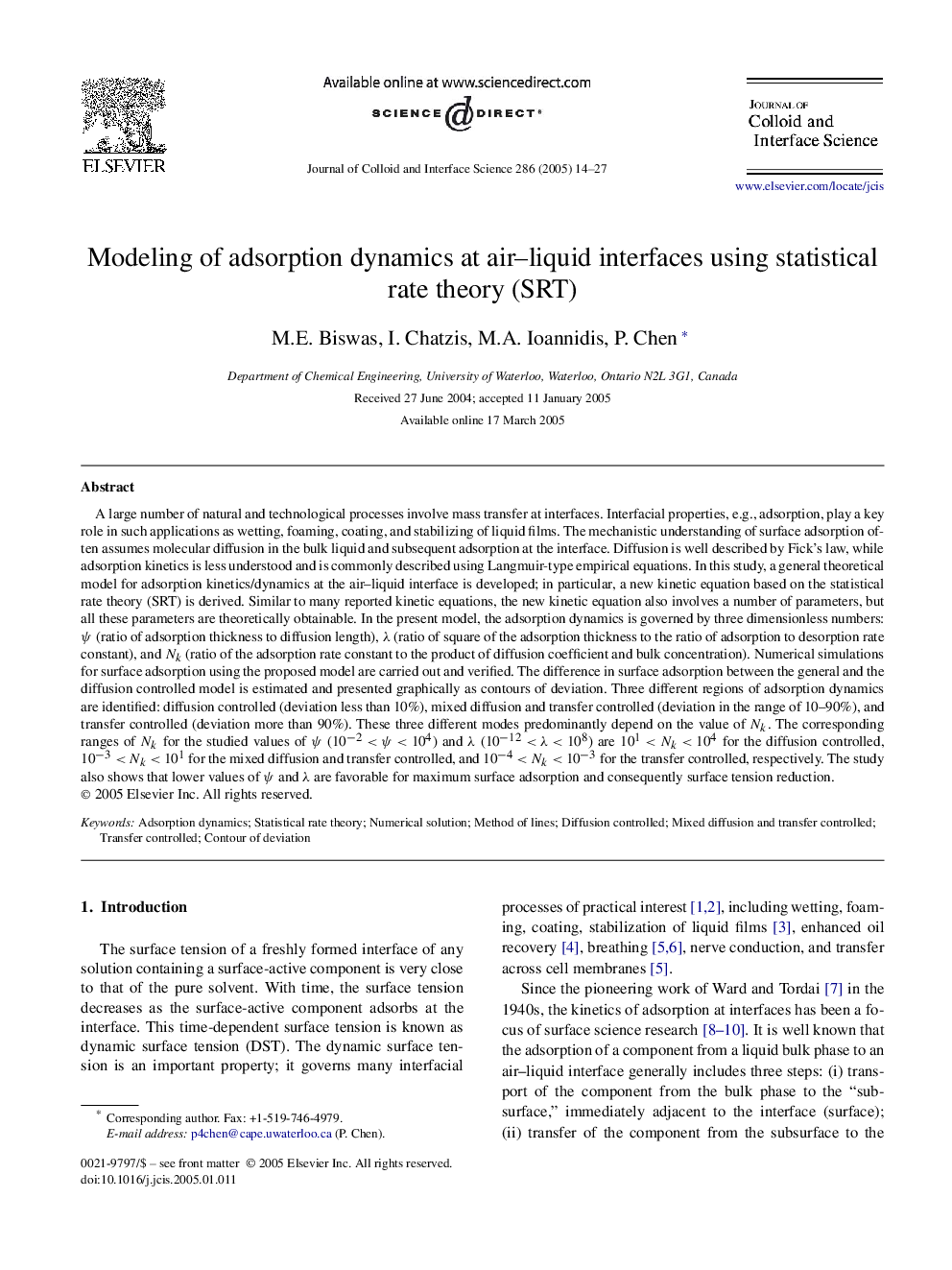 Modeling of adsorption dynamics at air-liquid interfaces using statistical rate theory (SRT)