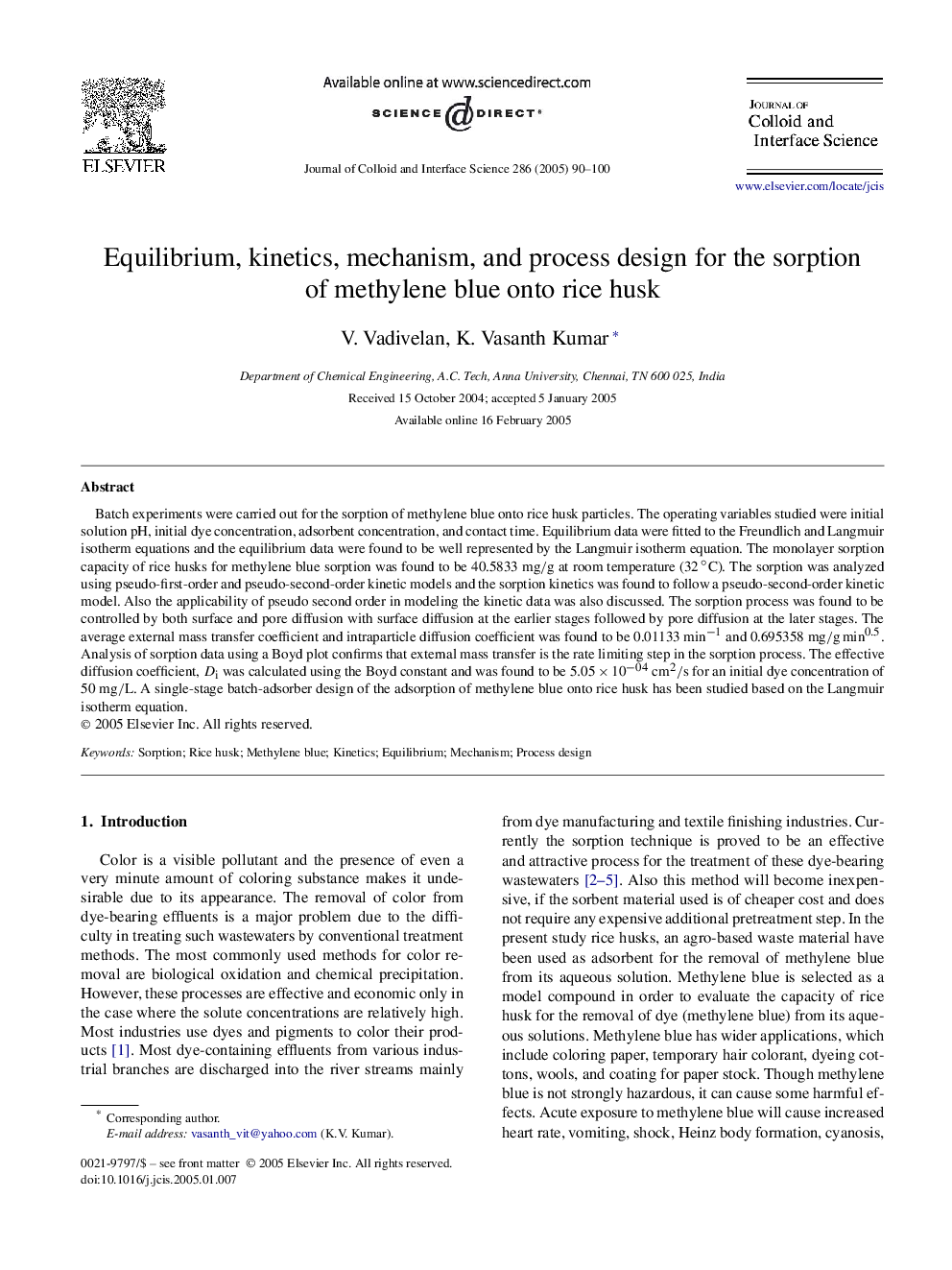 Equilibrium, kinetics, mechanism, and process design for the sorption of methylene blue onto rice husk