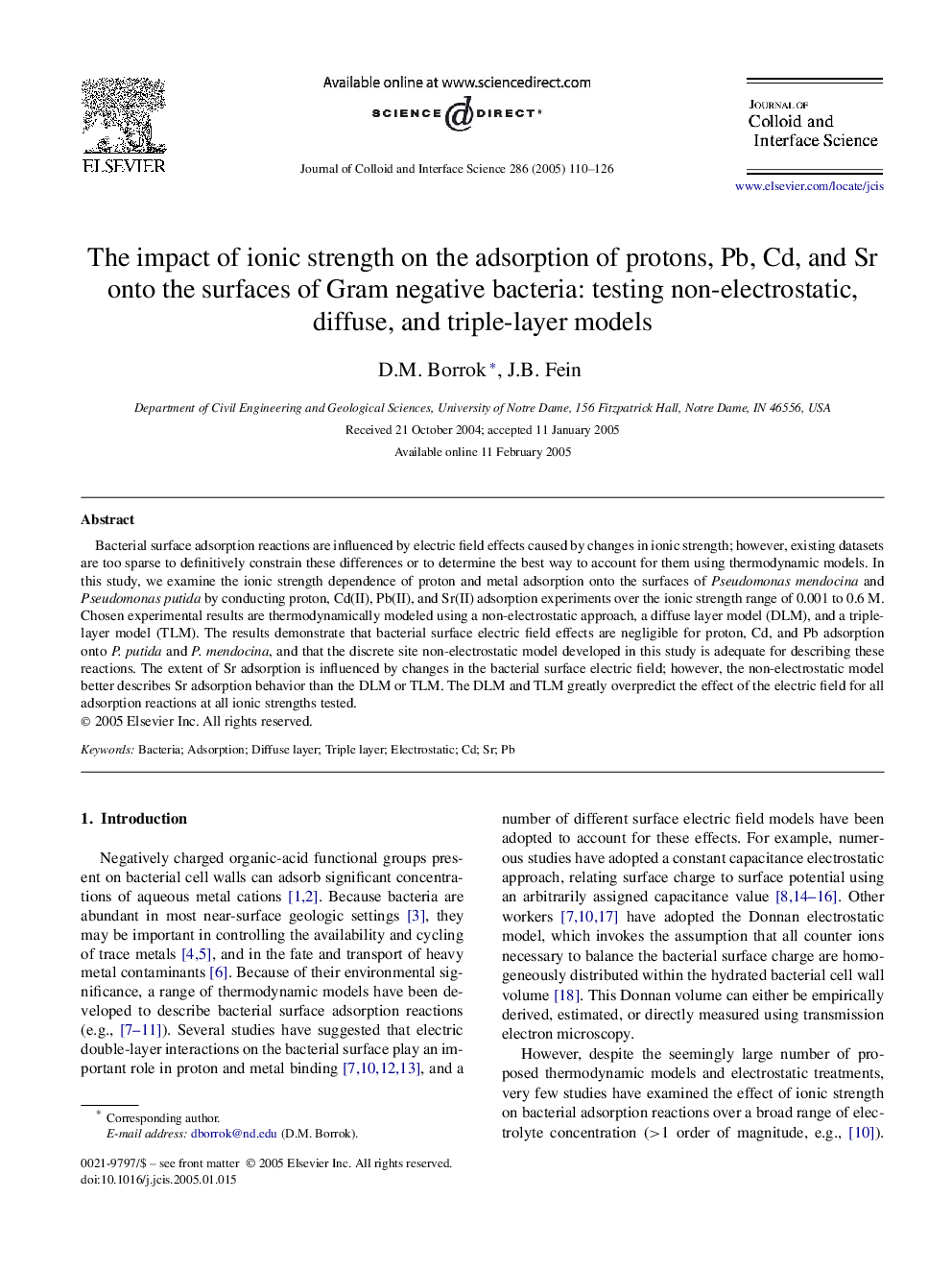 The impact of ionic strength on the adsorption of protons, Pb, Cd, and Sr onto the surfaces of Gram negative bacteria: testing non-electrostatic, diffuse, and triple-layer models