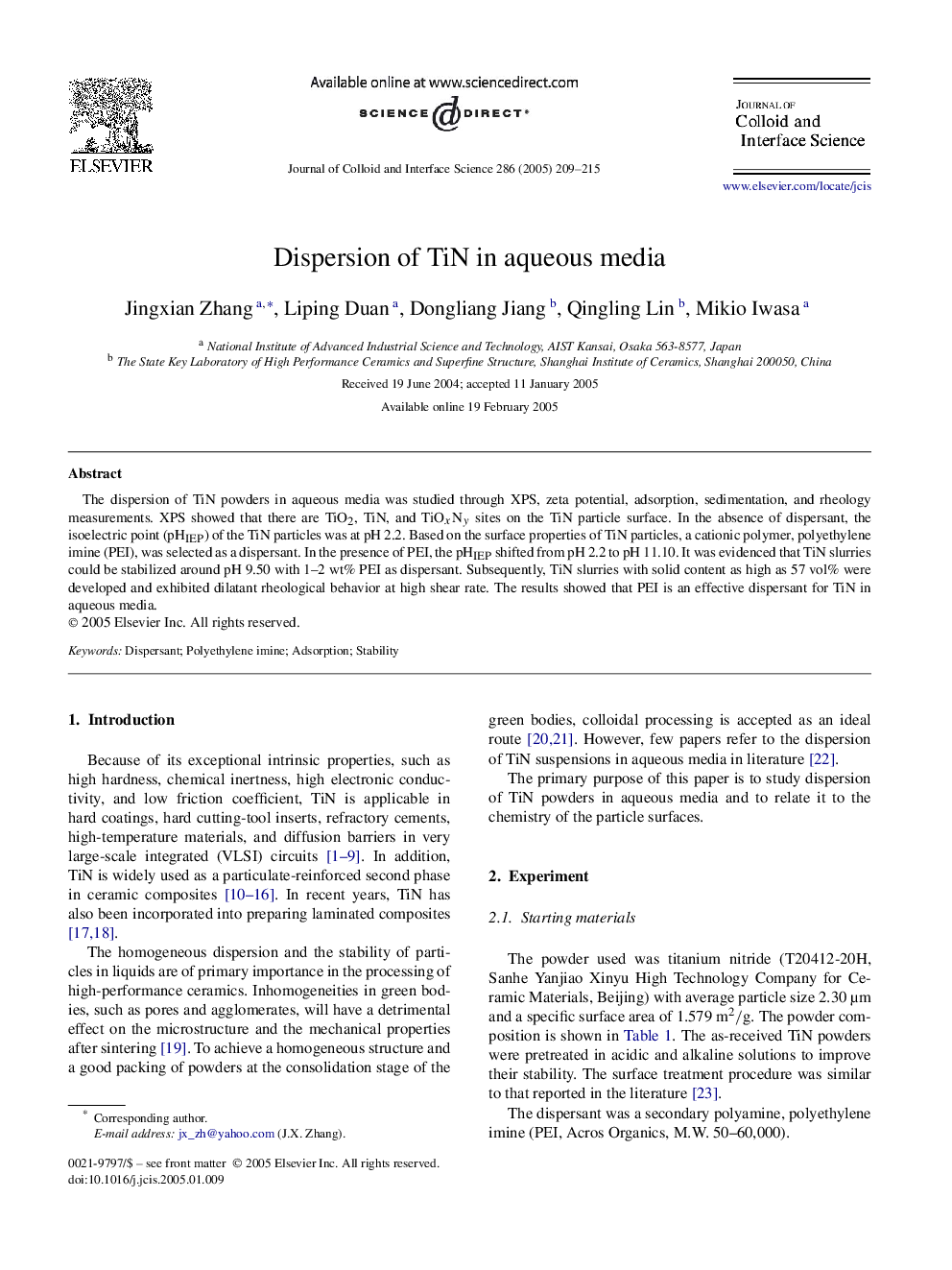 Dispersion of TiN in aqueous media