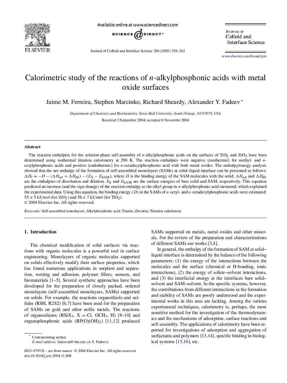 Calorimetric study of the reactions of n-alkylphosphonic acids with metal oxide surfaces