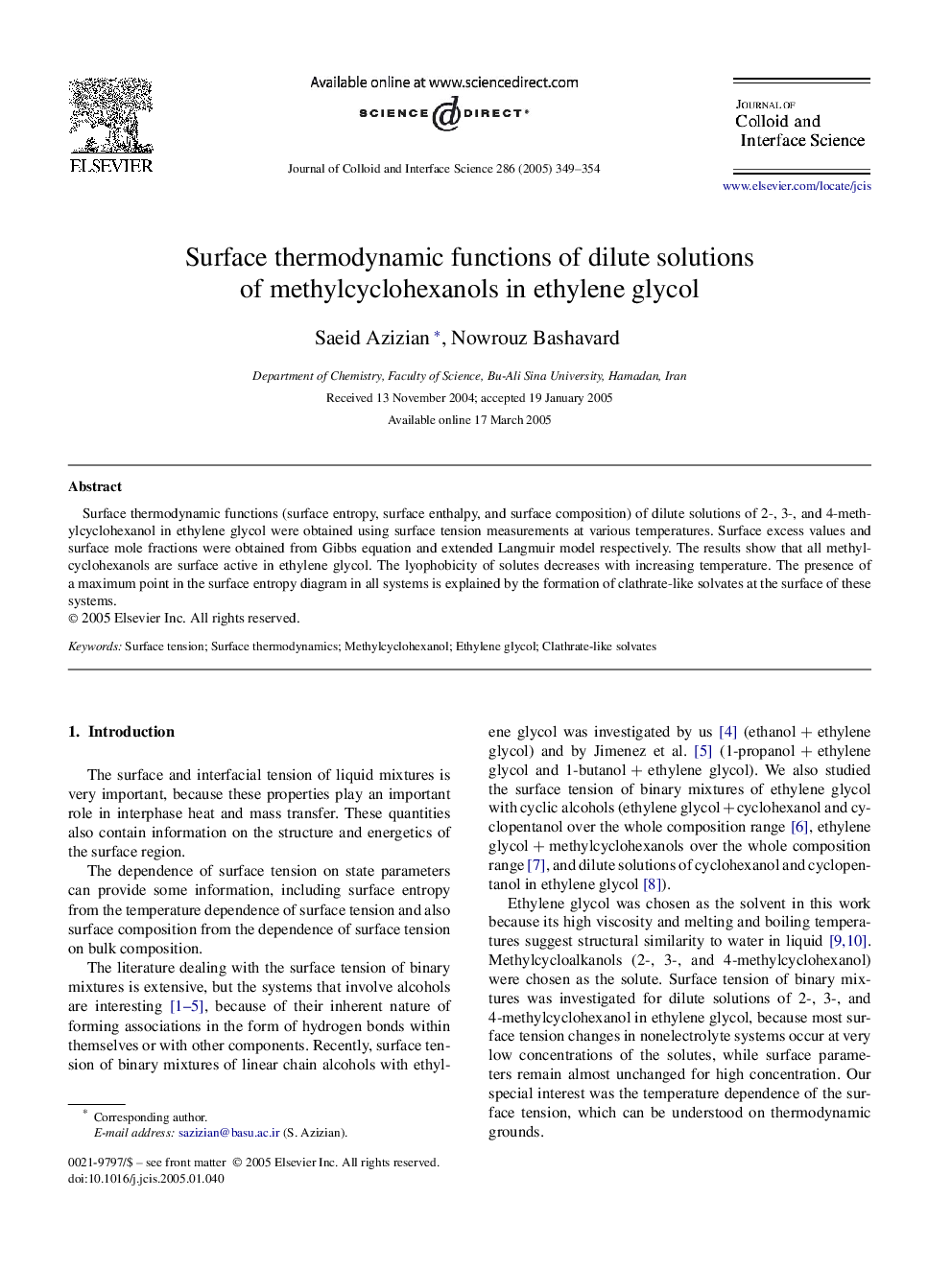 Surface thermodynamic functions of dilute solutions of methylcyclohexanols in ethylene glycol