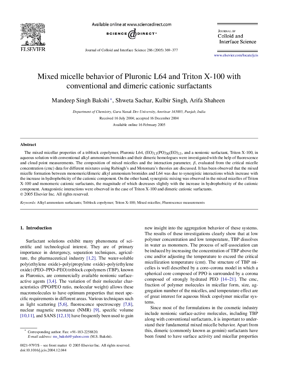 Mixed micelle behavior of Pluronic L64 and Triton X-100 with conventional and dimeric cationic surfactants