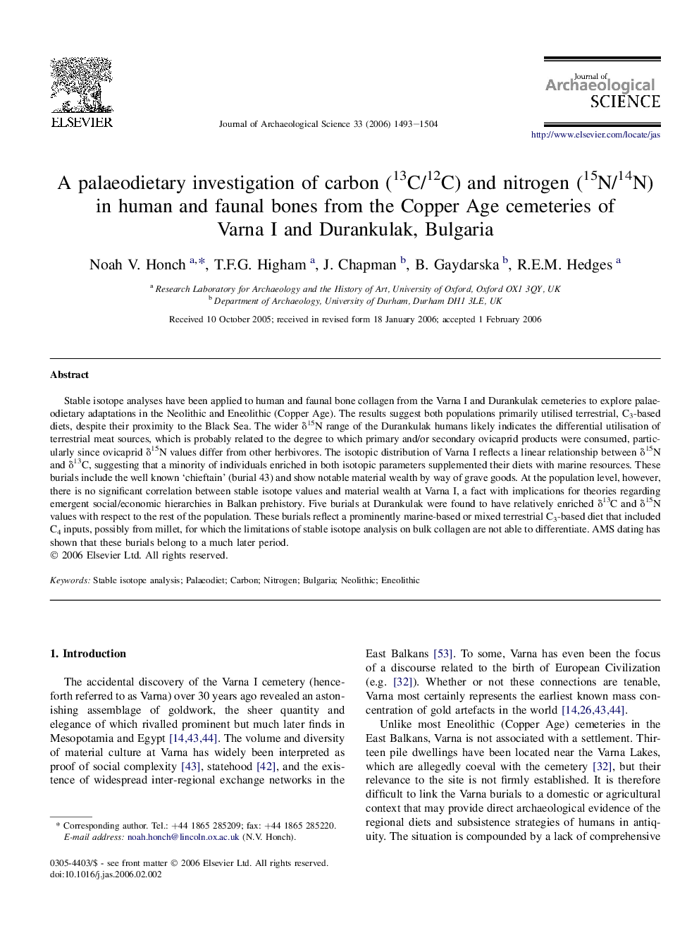 A palaeodietary investigation of carbon (13C/12C) and nitrogen (15N/14N) in human and faunal bones from the Copper Age cemeteries of Varna I and Durankulak, Bulgaria