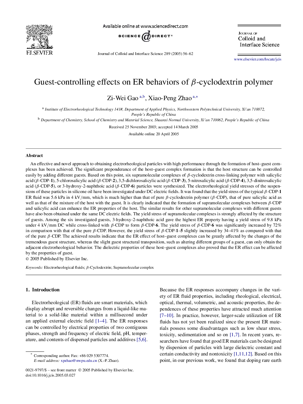 Guest-controlling effects on ER behaviors of Î²-cyclodextrin polymer