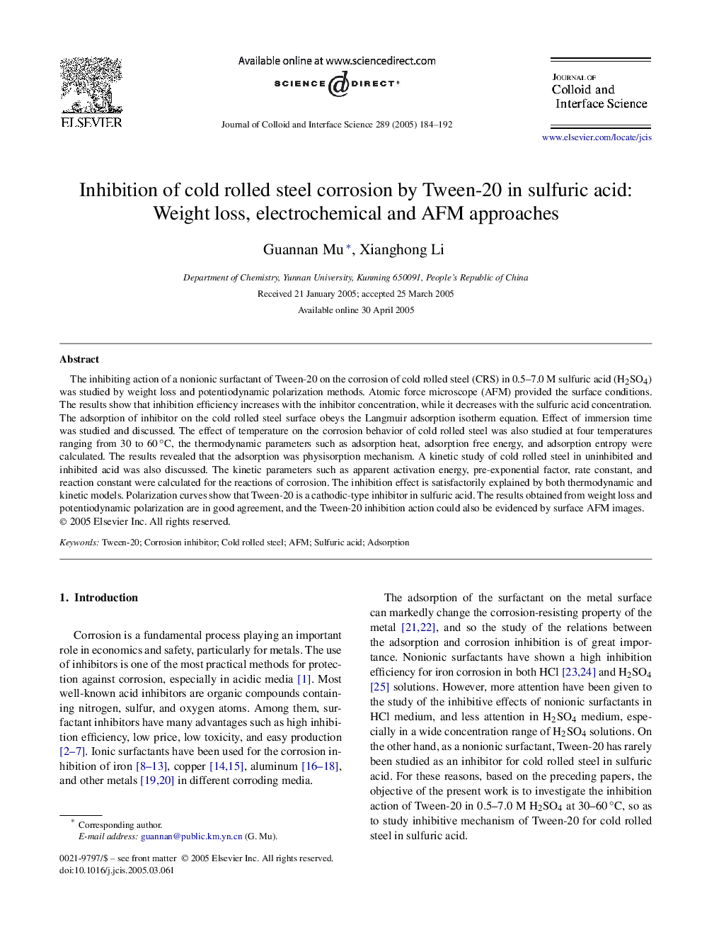 Inhibition of cold rolled steel corrosion by Tween-20 in sulfuric acid: Weight loss, electrochemical and AFM approaches