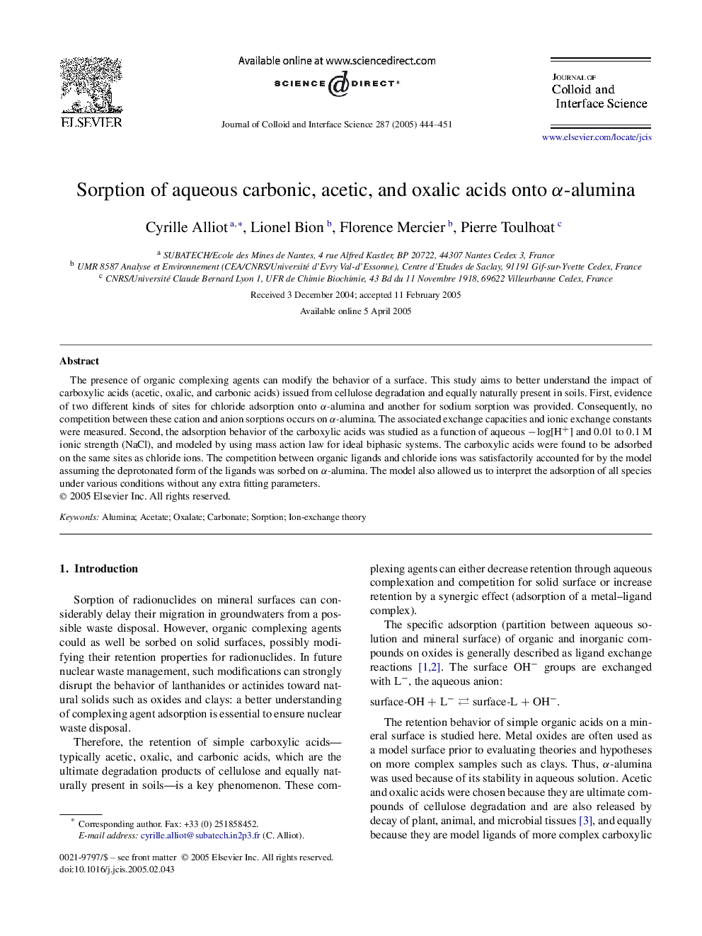 Sorption of aqueous carbonic, acetic, and oxalic acids onto Î±-alumina