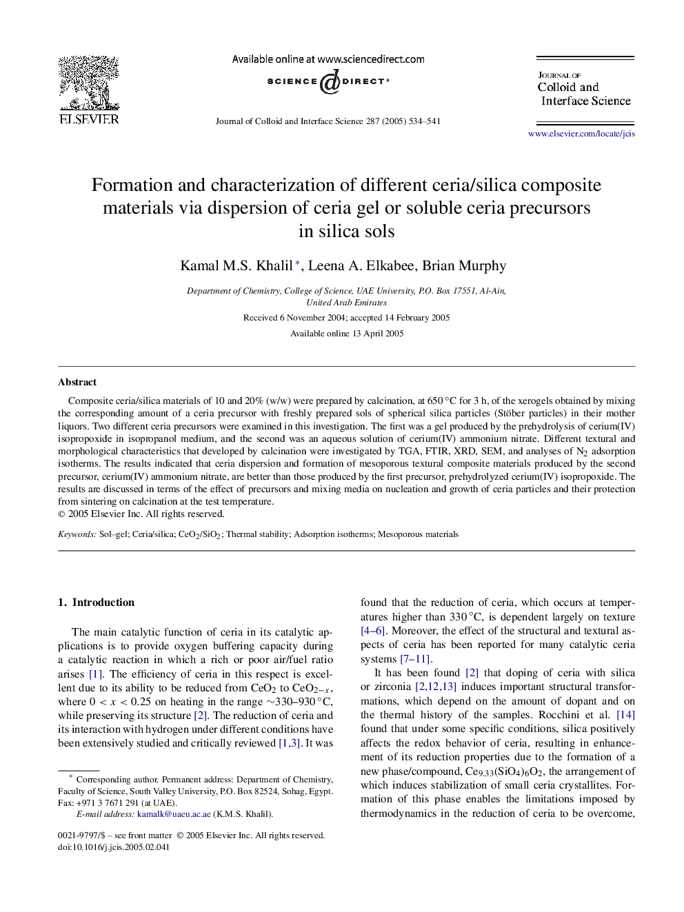 Formation and characterization of different ceria/silica composite materials via dispersion of ceria gel or soluble ceria precursors in silica sols
