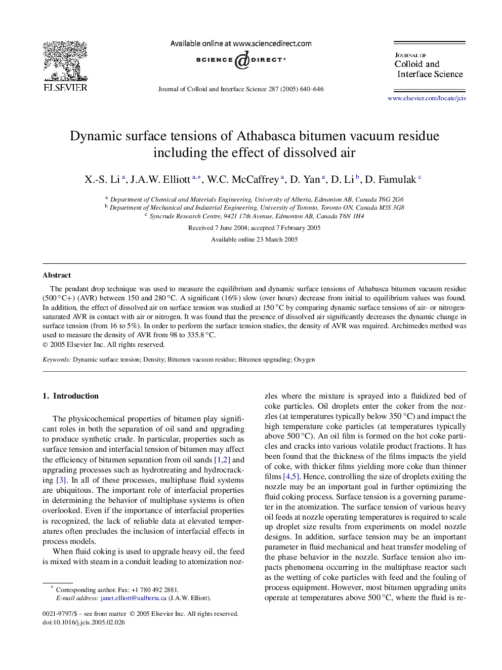 Dynamic surface tensions of Athabasca bitumen vacuum residue including the effect of dissolved air