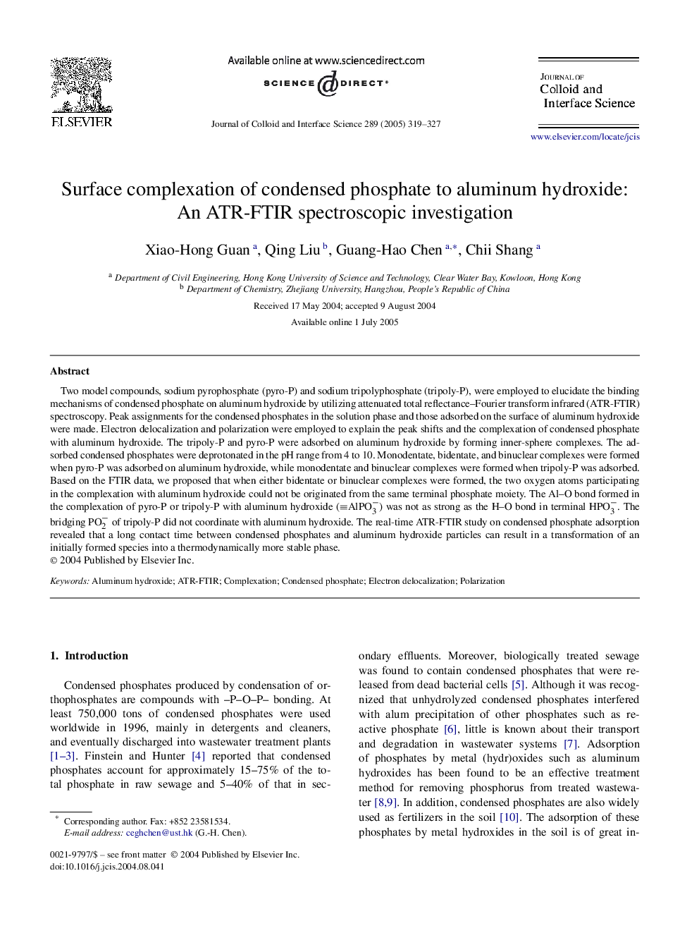 Surface complexation of condensed phosphate to aluminum hydroxide: An ATR-FTIR spectroscopic investigation