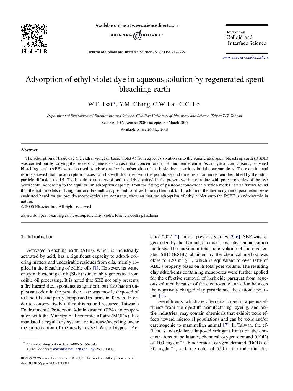 Adsorption of ethyl violet dye in aqueous solution by regenerated spent bleaching earth