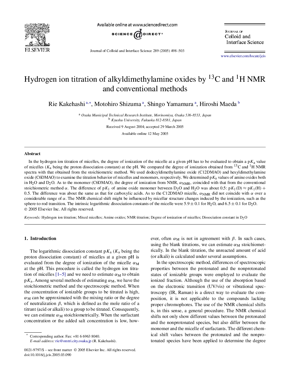 Hydrogen ion titration of alkyldimethylamine oxides by 13C and 1H NMR and conventional methods