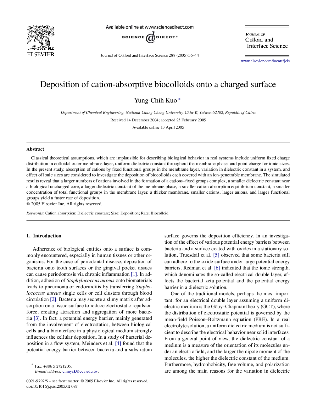 Deposition of cation-absorptive biocolloids onto a charged surface