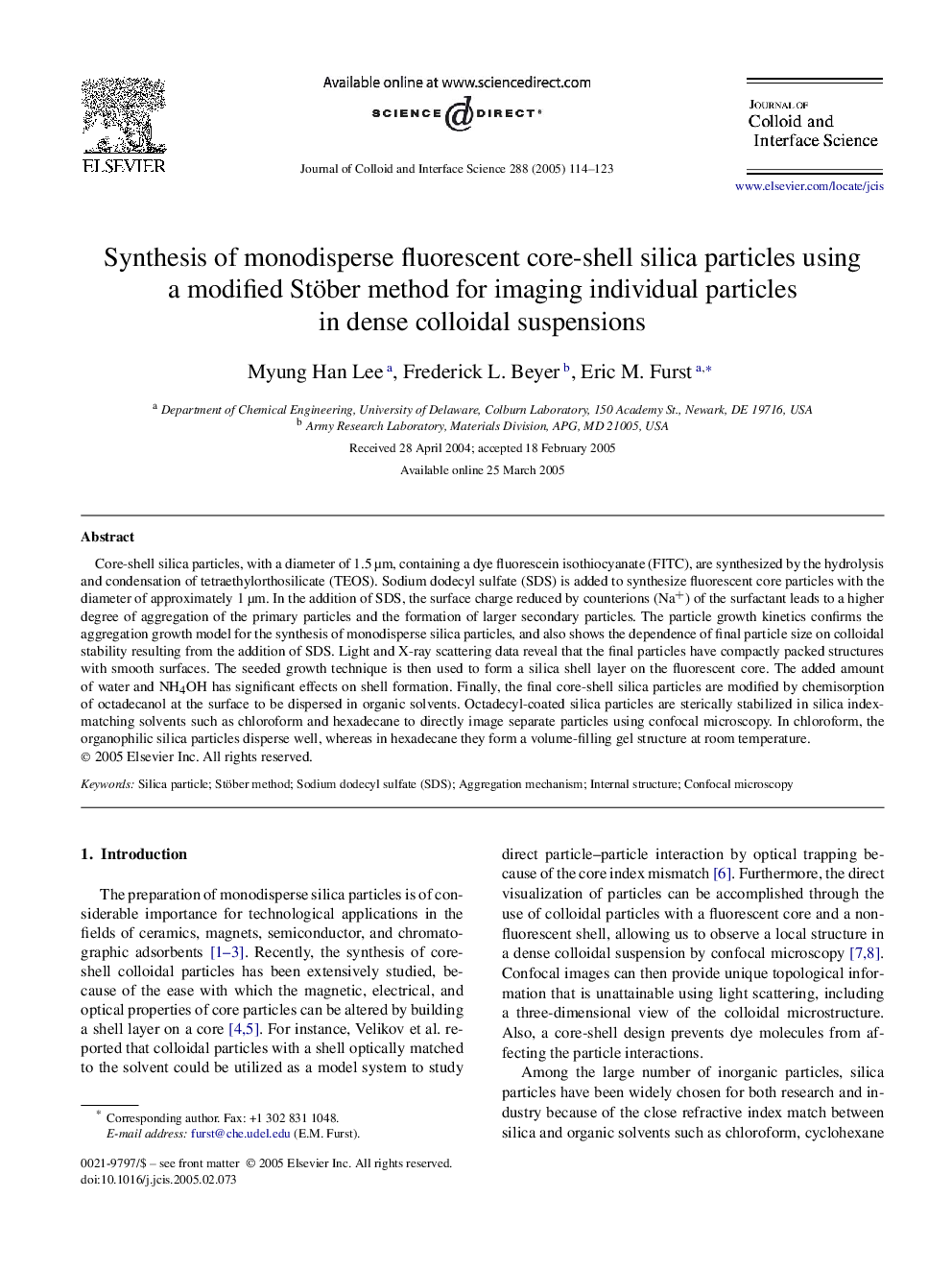 عکس صفحه اول مقاله: Synthesis of monodisperse fluorescent core-shell silica particles using a modified Stöber method for imaging individual particles in dense colloidal suspensions Synthesis of monodisperse fluorescent core-shell silica particles using a modified Stöber method for imaging individual particles in dense colloidal suspensions