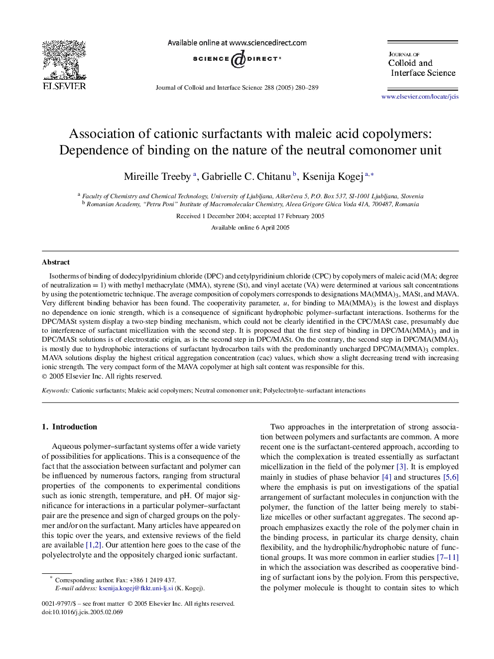 Association of cationic surfactants with maleic acid copolymers: Dependence of binding on the nature of the neutral comonomer unit