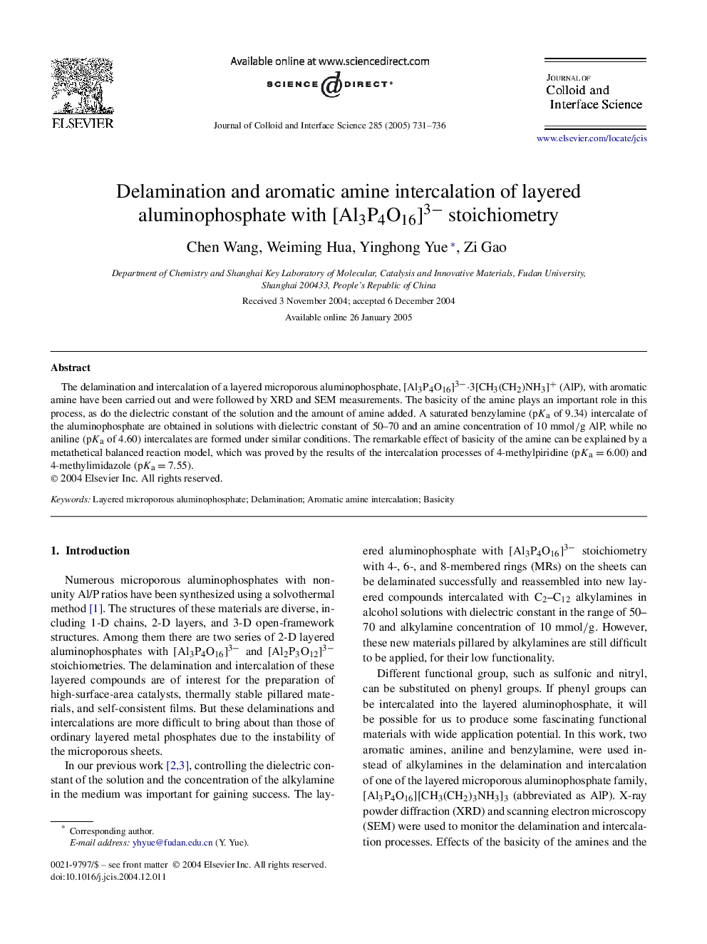 Delamination and aromatic amine intercalation of layered aluminophosphate with [Al3P4O16]3â stoichiometry