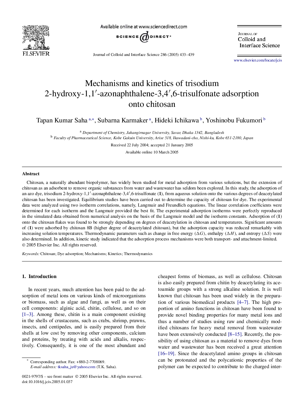 Mechanisms and kinetics of trisodium 2-hydroxy-1,1â²-azonaphthalene-3,4â²,6-trisulfonate adsorption onto chitosan