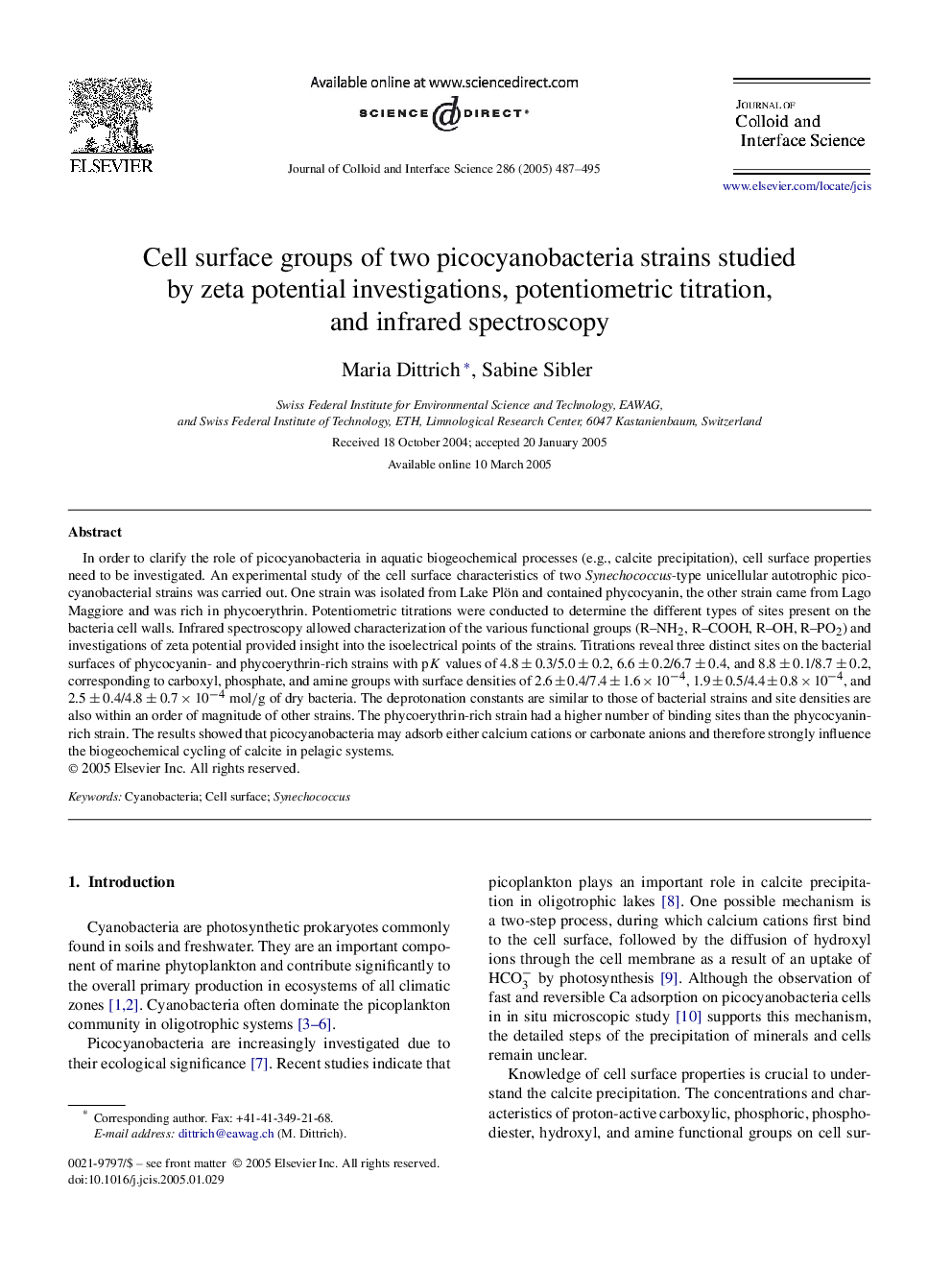 Cell surface groups of two picocyanobacteria strains studied by zeta potential investigations, potentiometric titration, and infrared spectroscopy