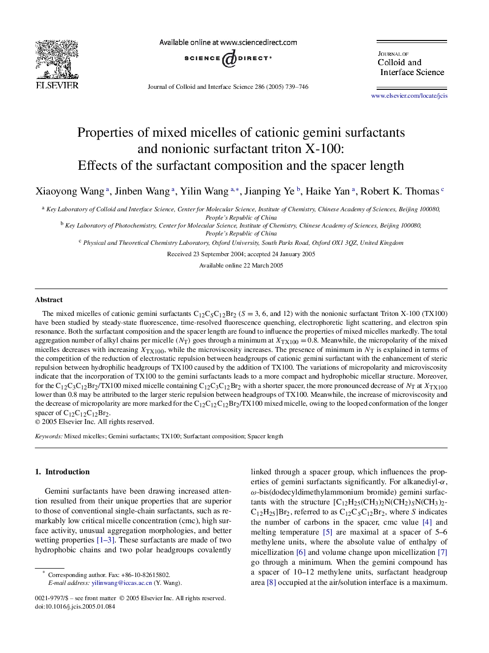 عکس صفحه اول مقاله: Properties of mixed micelles of cationic gemini surfactants and nonionic surfactant triton X-100: Effects of the surfactant composition and the spacer length Properties of mixed micelles of cationic gemini surfactants and nonionic surfactant triton X-100: Effects of the surfactant composition and the spacer length