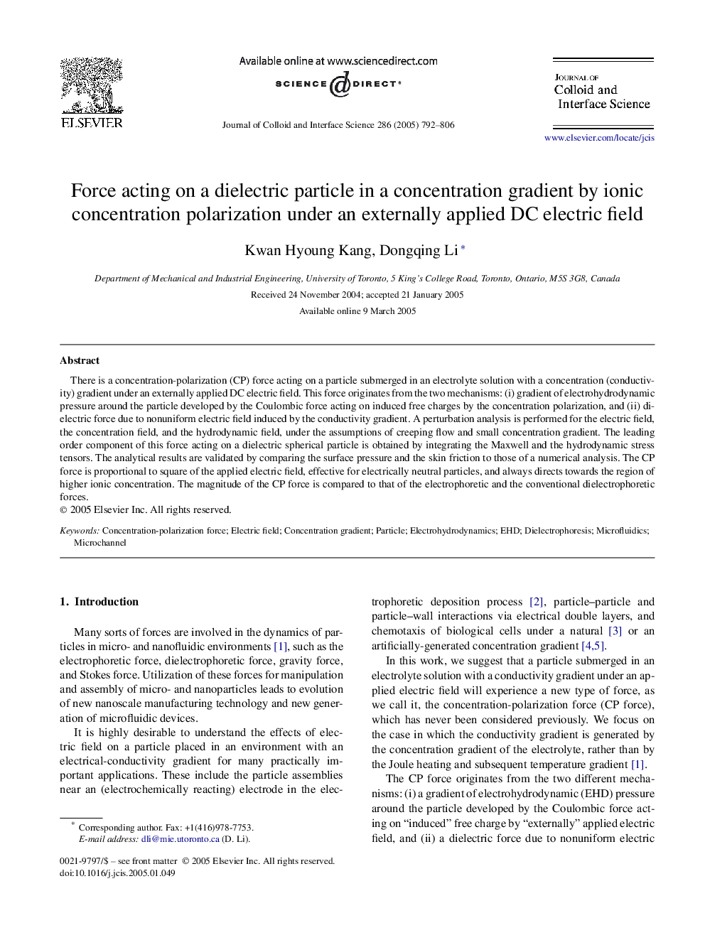 Force acting on a dielectric particle in a concentration gradient by ionic concentration polarization under an externally applied DC electric field