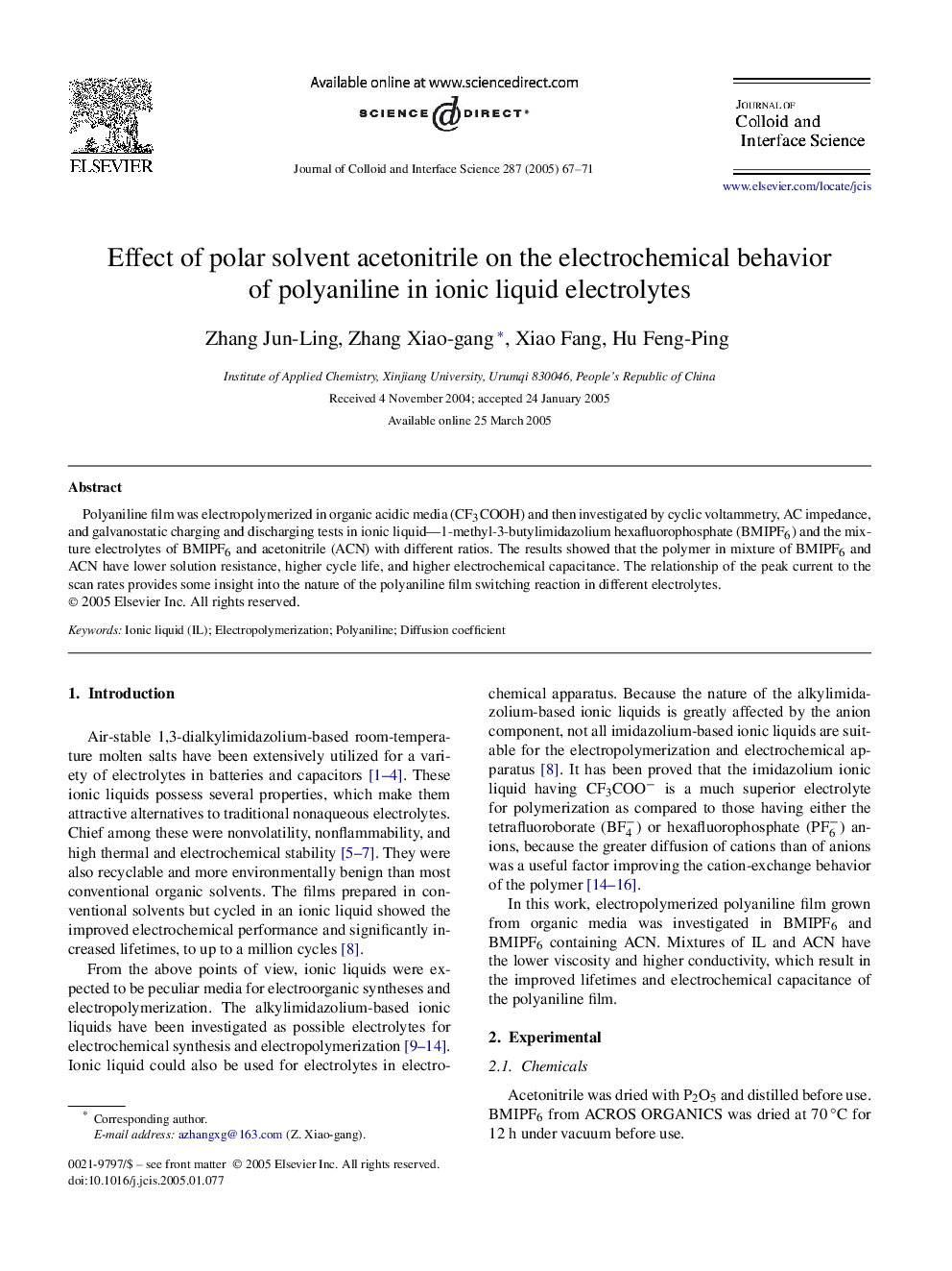 Effect of polar solvent acetonitrile on the electrochemical behavior of polyaniline in ionic liquid electrolytes