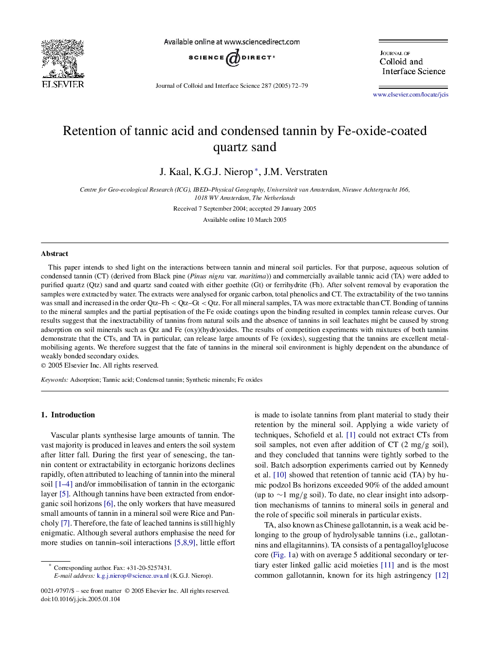 Retention of tannic acid and condensed tannin by Fe-oxide-coated quartz sand