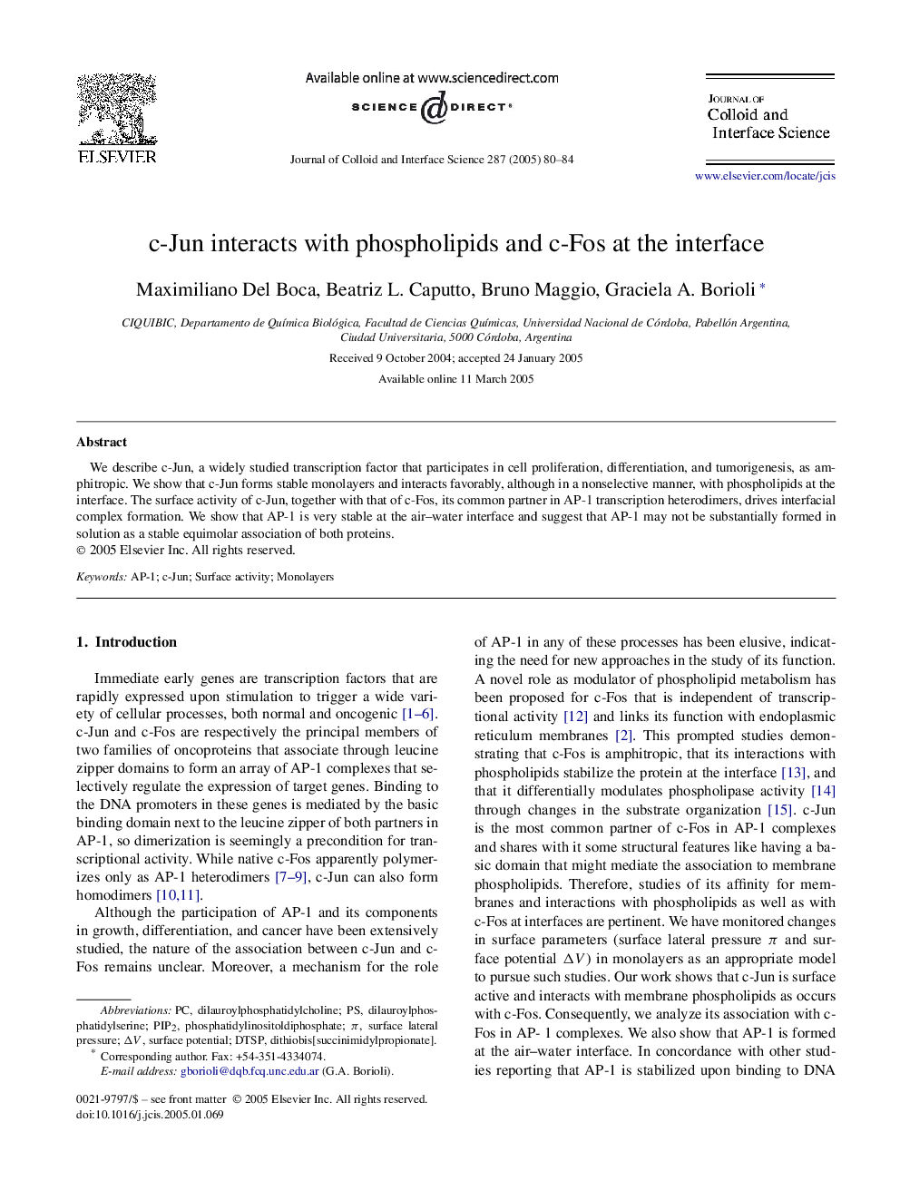 c-Jun interacts with phospholipids and c-Fos at the interface