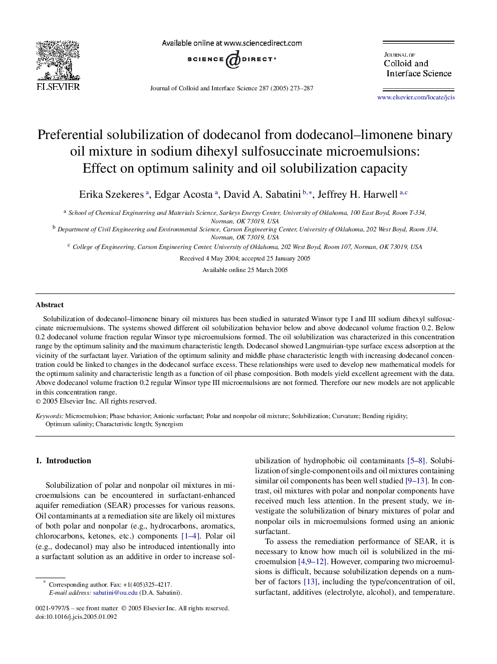 Preferential solubilization of dodecanol from dodecanol-limonene binary oil mixture in sodium dihexyl sulfosuccinate microemulsions: Effect on optimum salinity and oil solubilization capacity