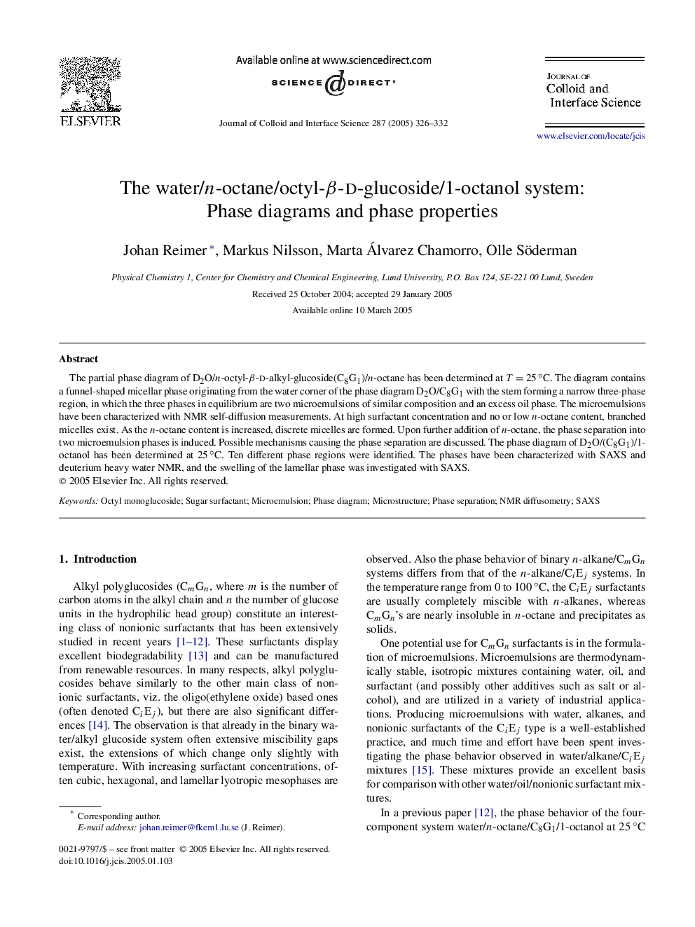 The water/n-octane/octyl-Î²-d-glucoside/1-octanol system: Phase diagrams and phase properties