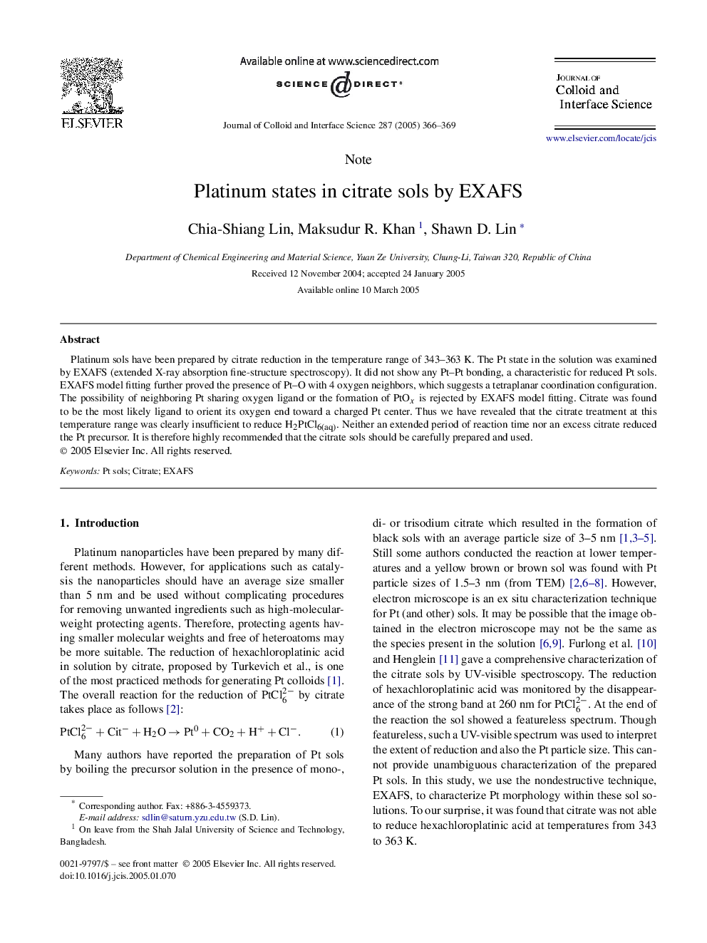 Platinum states in citrate sols by EXAFS