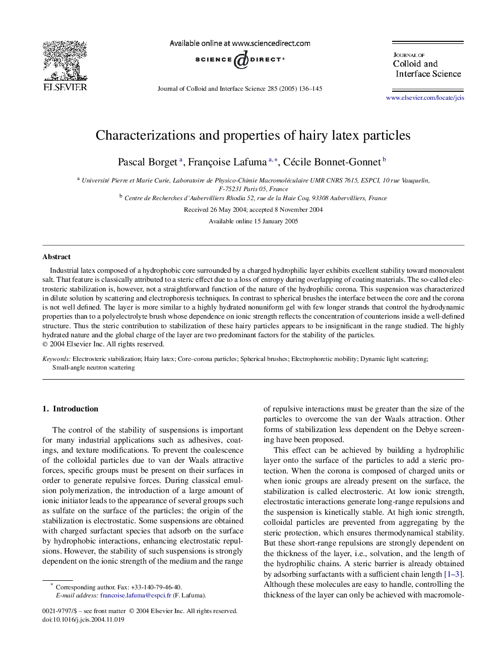 Characterizations and properties of hairy latex particles