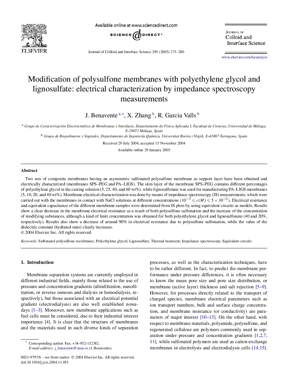 Modification of polysulfone membranes with polyethylene glycol and lignosulfate: electrical characterization by impedance spectroscopy measurements