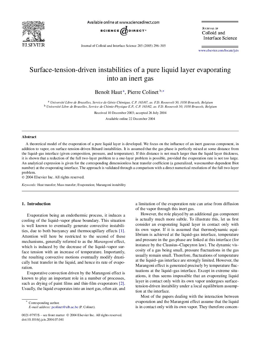 Surface-tension-driven instabilities of a pure liquid layer evaporating into an inert gas