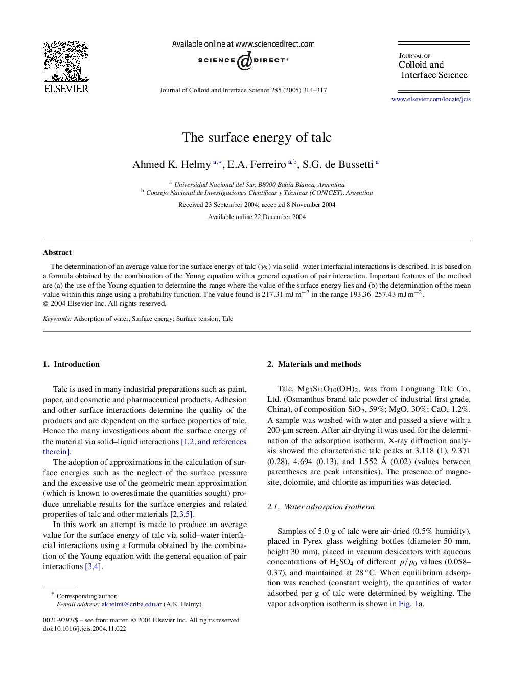 The surface energy of talc