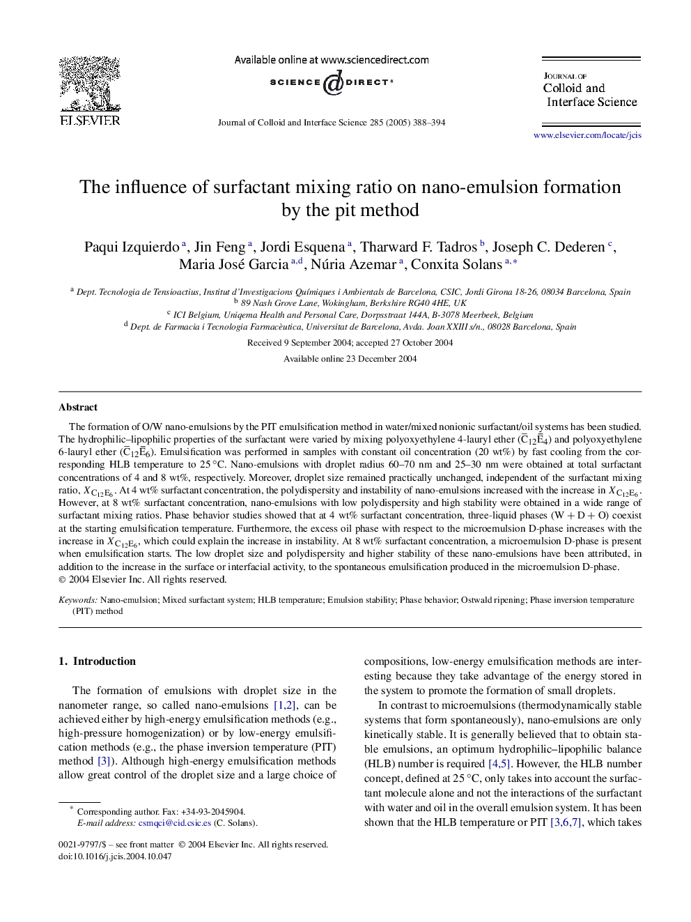 The influence of surfactant mixing ratio on nano-emulsion formation by the pit method