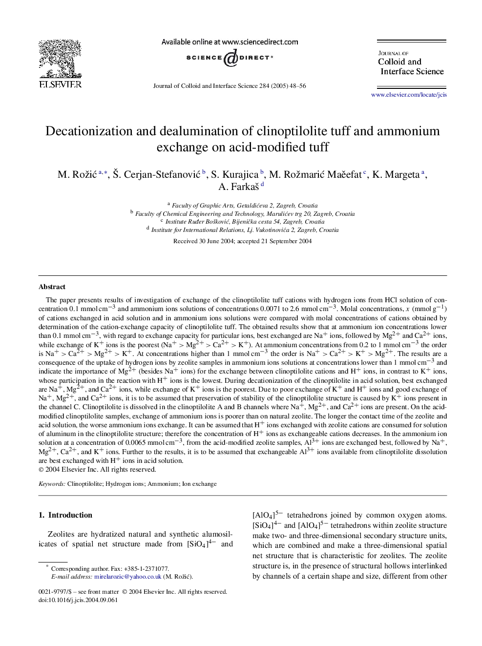 Decationization and dealumination of clinoptilolite tuff and ammonium exchange on acid-modified tuff